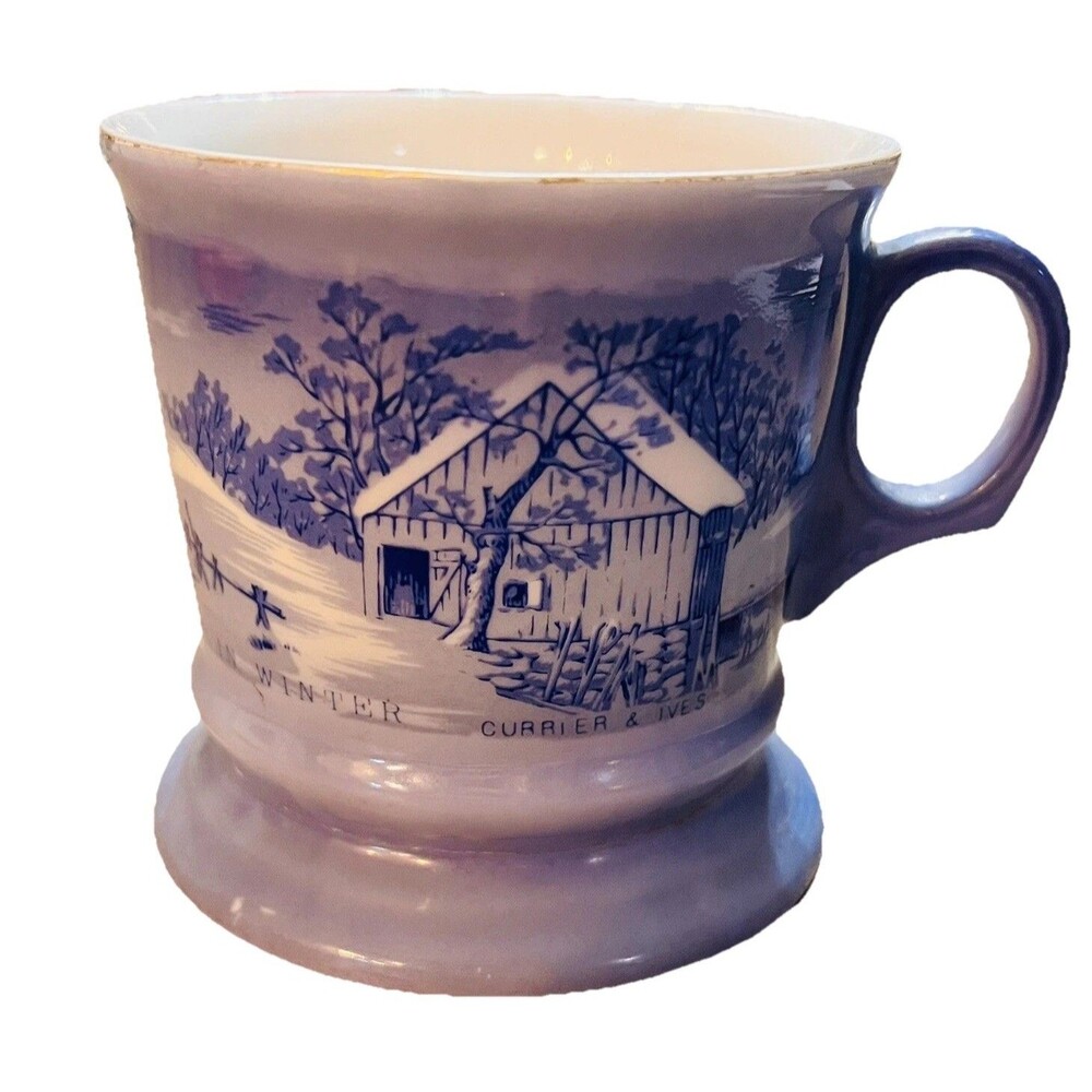 Vintage Currier & Ives Blue White Shaving Mug Transferware Farmhouse Decor